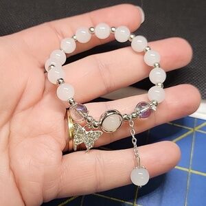 Beaded Stretch Rhinestone Butterfly Charm 6" Bracelet